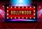 Realistic Theater stage with red curtain banner Bollywood.