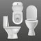 Realistic toilet bowl. White toilet basin, clean lavatory bathroom ceramic bowls group top, side and front view. Toilet