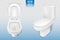 Realistic toilet mockup closeup, white modern toilet in 3d illustration isolated on transparent background. Vector