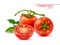 Realistic tomatoes in simple composition. Whole red vegetables and half in section, green twigs and leaves, fresh