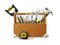 Realistic tool box. Wooden chest with different repairman instrument, carpentry equipment store. Hammer, saw and