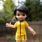 Realistic Toy Karen Doll: Yellow Soccer Uniform, Dark Hair, Hand Raised