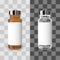 Realistic transparent brown and white medicine vial with label. Vector mockup.