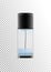 Realistic transparent glass bottle for two-phase cosmetic product, tonic, lotion, micellar water.Black lid with