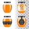 Realistic transparent glass jar with honey. Food bank. Honey packaging design. Honey logo. Mock up glass jar with design