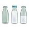 Realistic Transparent Glass Milk Bottle Set. Vector
