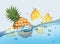 Realistic transparent isolated vector  with slices of pineapple in water splash and drops