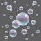 Realistic transparent vector soap bubbles with rainbow reflection and glares on checkered background