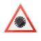 Realistic triangular icon of coronavirus with a red warning sign about the danger of coronovirus infection. Covid-19.