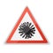 Realistic triangular icon of coronavirus with a red warning sign about the danger of coronovirus infection. Covid-19.