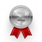 Realistic trophy silver medal decorated by red ribbon vector illustration circle metallic award