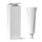 Realistic tube with box mockup. White plastic tuba for toothpaste or cream, gel and rectangular cardboard packaging