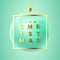 Realistic Turquoise Christmas Bauble on Gentle Background with Modern Golden Glitter Typography Greetings in a Frame