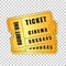 Realistic Two gold cinema tickets isolated object on transparent background. Cinema, theater, concert, movie
