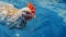 Realistic Uhd Image Of A Chicken Swimming In Blue Water