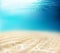 Realistic underwater background. Ocean deep, sea under water level, sun rays blue wave horizon. Azure tropical tranquil