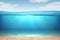 Realistic underwater background. Ocean deep water, sea under water level, sun rays blue wave horizon. Surface 3D vector