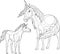 Realistic unicorns creatures sketch template. Cartoon horse and baby graphic vector illustration in black and white