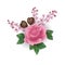 Realistic Valentine Day 3d set rose flower chocolate sakura blossom. Heart shape candy pink flower cherry petals green