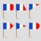 Realistic various French toothpick flags. Souvenir from France. Wooden toothpicks with paper flag. Location mark, map