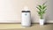 Realistic vector air purifier in the interior on the wooden floor background illustration with house plant on the floor. Air