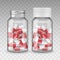 Realistic vector Blank Medicine opened and closed medical plastic bottle with red tablets pills, tablets, drug of