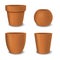 Realistic vector brown empty flower pot set. Closeup isolated on white background. Design template for branding, mockup