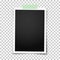 Realistic vector classic photo frame with straight edges on light green adhesive, sticky tape placed vertically on transparent