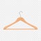 Realistic vector clothes coat wooden hanger close up isolated on transparency grid background. Design template, clipart