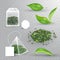 Realistic vector elements set of green tea. Fresh leaves, pyramidal tea bag, rectangular teabag, pile black dry tea .