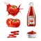 Realistic vector elements set of red tomatoes splash of tomato juice, ketchup bottle, whole and a slice of tomato, squeezed out