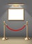 Realistic vector exhibition museum mock up painting on the wall in horizontal positioning with spot light and red barrier. Blank