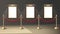 Realistic vector exhibition museum mock up paintings in vertical positioning on the wall with spot light and red barrier. Blank