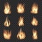 Realistic vector fire flames on checkered transparent background