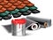 Realistic vector icon illustration of construction works elements, bucket of red paint, wallpaper rolls and tiled roof