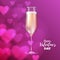 Realistic vector illustration of champagne glass on blurred holiday pink sparkle background