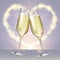 Realistic vector illustration of champagne glass on blurred holiday silver sparkle background