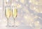 Realistic vector illustration of champagne glasses on blurred holiday silver sparkle background