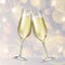 Realistic vector illustration of champagne glasses on blurred holiday silver sparkle background