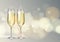 Realistic vector illustration of champagne glasses on blurred holiday silver sparkle background