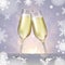 Realistic vector illustration of champagne glasses on blurred holiday silver sparkle background