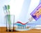 Realistic vector illustration. Close up shot of the toothpaste and toothbrush. 3d image depicting dental treatmnet.