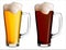 Realistic vector illustration of glass mugs with light and dark beer.