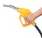 Realistic vector illustration of human hand holding gas gun, gasoline petrol dispenser in yellow and black colors with metal