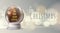 Realistic vector illustration of snow globe with pyramid of champagne golden glasses inside. Blurred holiday  background