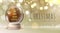 Realistic vector illustration of snow globe with pyramid of champagne golden glasses inside. Blurred holiday  background