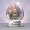 Realistic vector illustration of snow globe with pyramid of champagne golden glasses inside. Blurred holiday  background