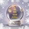 Realistic vector illustration of snow globe with pyramid of champagne golden glasses inside. Blurred holiday  background