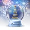 Realistic vector illustration of snow globe with pyramid of champagne golden glasses inside. Firework holiday  background