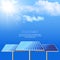 Realistic vector illustration of solar batteries on cloudscape blue background.